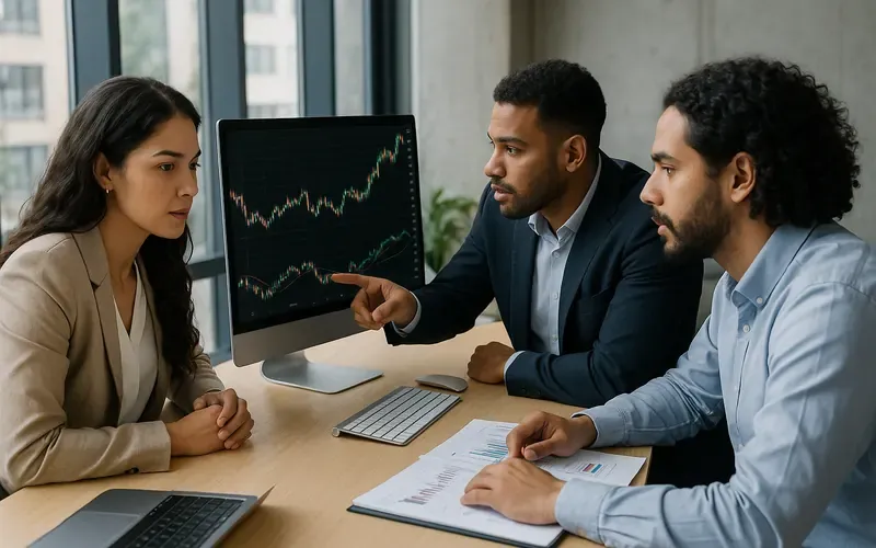 Equipo de analistas revisando gráficos financieros en un monitor