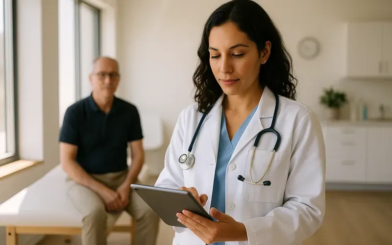 Médica revisando una tableta en una clínica, con un paciente al fondo