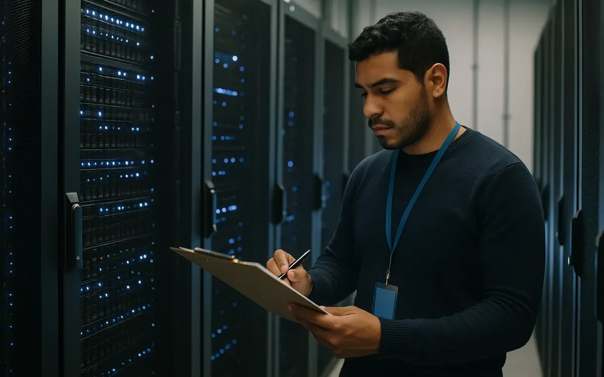 Técnico revisando un tablero frente a racks de servidores