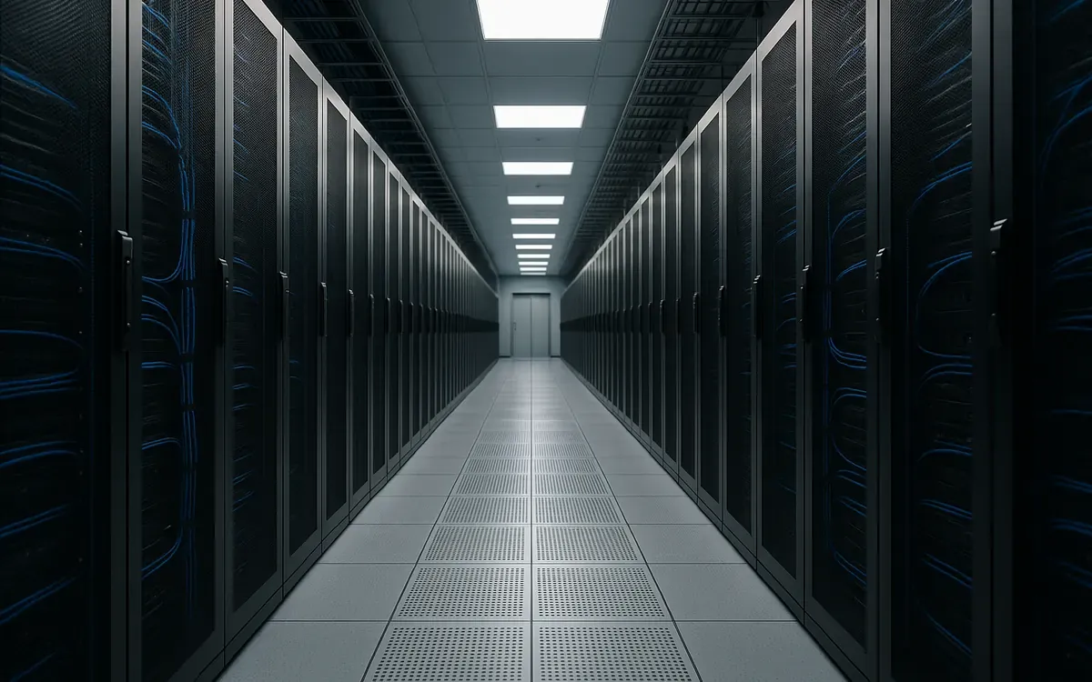 Pasillo de un centro de datos con racks de servidores